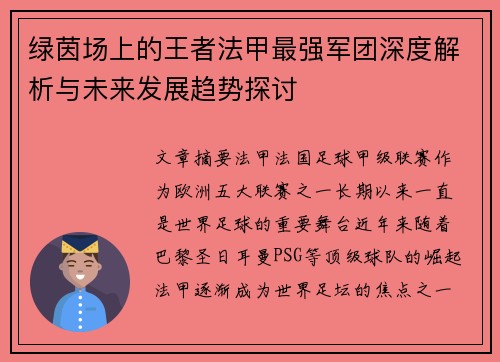 绿茵场上的王者法甲最强军团深度解析与未来发展趋势探讨