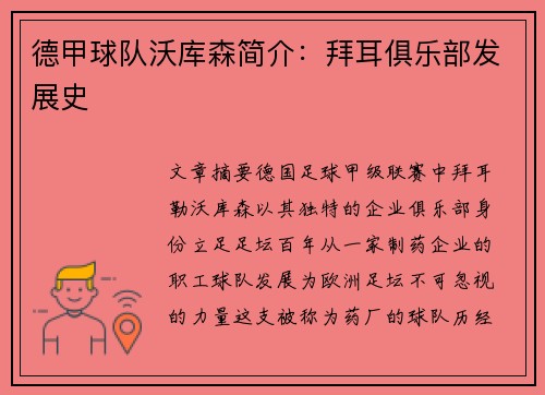 德甲球队沃库森简介：拜耳俱乐部发展史