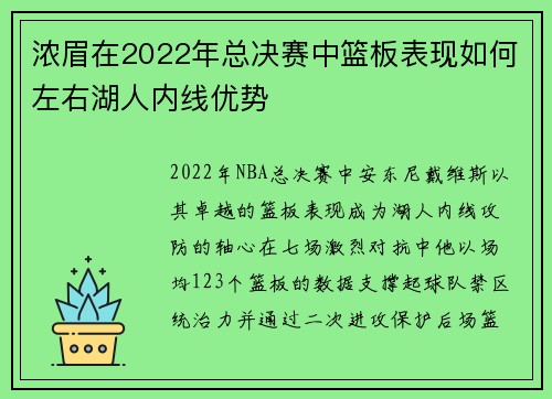 浓眉在2022年总决赛中篮板表现如何左右湖人内线优势